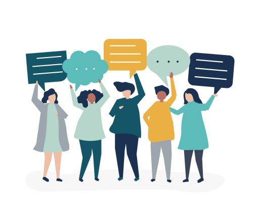 Character illustration of people holding speech bubbles